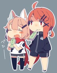  2girls ahoge animal_ears blonde_hair blush_stickers caltina_(pepekekeko) chibi closed_eyes commentary drinking drinking_straw fox_ears hair_ornament hairclip hands_in_pockets jacket juice_box lowres multiple_girls open_mouth orange_eyes orange_hair original pekeko_(pepekekeko) phantasy_star phantasy_star_online_2 protagonist_(pso2) scarf shima_(pepekekeko) shirt shorts t-shirt thighhighs track_jacket 