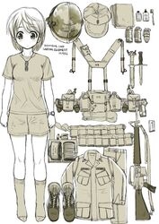  assault_rifle baseball_cap boots claymore_(mine) closed_mouth commentary_request dagger dog_tags ebifly english_text explosive female flashback glue grenade greyscale gun hat helmet knife looking_at_viewer m16 m16a1 military mine_(weapon) monochrome original pants rifle shirt short_hair short_shorts short_sleeves shorts simple_background socks solo standing watch weapon white_background wristwatch 