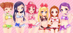  6+girls :d :o ;) ^_^ adapted_costume aida_mana bikini bishoujo_senshi_sailor_moon black_hair blonde_hair blue_eyes bow bra brown_hair closed_eyes commentary_request crop_top dokidoki!_precure frilled_bikini frills hairbow highres hishikawa_rikka kenzaki_makoto long_hair madoka_aguri midriff miniskirt multiple_girls navel one_eye_closed open_mouth panties parody pink_bow pink_eyes pink_hair precure purple_eyes purple_hair red_eyes regina_(dokidoki!_precure) sailor_collar sailor_moon_narikiri_bra_set shirt short_hair skirt smile swimsuit taut_clothes taut_shirt underwear underwear_only uzuki_aki yotsuba_alice 