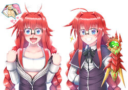  1boy ahoge ahoge_wag alternate_breast_size alternate_hairstyle alternate_universe arkfield blood blush boosted_gear bra braid cape commentary commission english_commentary expressive_hair female female_pervert flat_chest gauntlets glasses grin heart high_school_dxd hyoudou_issei jewelry kuoh_academy_school_uniform necklace nosebleed open_clothes open_mouth open_shirt out_of_character pectorals pervert red_hair rias_gremory role_reversal runes school_uniform shirt single_braid smile smug teeth training_bra twintails underwear undressing 