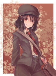  bad_id bad_pixiv_id bag belt black_hair border brown_background cabbie_hat collared_shirt contemporary cowboy_shot female forbidden_scrollery hat highres hip_focus jacket knickers leaf leaf_background long_sleeves looking_at_viewer necktie nekomiyanono outside_border pointy_ears red_necktie satchel shameimaru_aya shameimaru_aya_(newsboy) shirt short_hair smile solo tie_clip touhou white_border 