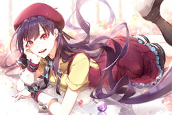  beret boots brown_footwear commentary_request dress female hand_on_own_cheek hand_on_own_face hat head_rest knee_boots long_hair looking_at_viewer lying on_stomach phino photoshop_(medium) purple_hair red_eyes solo thigh_strap underbust very_long_hair vocaloid wrist_cuffs xin_hua 