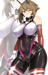  adapted_costume arm_behind_back bare_shoulders blush bodysuit breasts brown_hair closed_mouth collar collarbone commentary_request covered_navel elbow_gloves female flipped_hair gloves green_eyes hairband hifumi_hajime highres hip_focus kantai_collection large_breasts looking_at_viewer metal_collar mutsu_(kancolle) one_eye_closed radio_antenna red_legwear shiny_clothes short_hair sidelocks skin_tight smile solo striped_clothes striped_thighhighs thighhighs thighs white_background white_gloves zoom_layer 