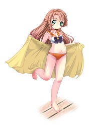  adapted_costume bishoujo_senshi_sailor_moon bra brown_hair choker commentary_request cosplay female green_eyes highres koshigaya_komari kuro_train long_hair non_non_biyori orange_choker orange_sailor_collar panties sailor_collar sailor_moon_narikiri_bra_set sailor_senshi_uniform sailor_venus sailor_venus_(cosplay) solo stomach towel underwear underwear_only 