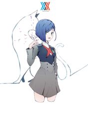  absurdres bad_id bad_pixiv_id bandaid bandaid_on_hand blue_hair breasts commentary_request cropped_legs darling_in_the_franxx feline female green_eyes hair_ornament hair_over_one_eye hairclip hand_in_pocket highres ichigo_(darling_in_the_franxx) looking_at_viewer military military_uniform open_mouth origami photoshop_(medium) q-pra short_hair solo tail uniform 