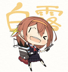  amakara_surume black_serafuku brown_hair character_name chibi commentary_request female hairband kantai_collection neckerchief one_eye_closed orange_hairband photoshop_(medium) red_neckerchief school_uniform serafuku shiratsuyu_(kancolle) short_hair solo 