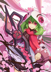  bad_id bad_pixiv_id blush catsmoon chinese_commentary commentary_request eiruby_(forever_7th_capital) female forever_7th_capital green_hair highres holding holding_sword holding_weapon hood long_sleeves looking_at_viewer petals photoshop_(medium) pink_eyes short_hair smile solo sword weapon 