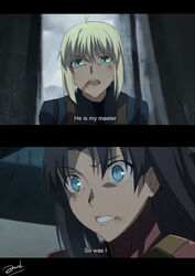  2girls ahoge artoria_pendragon_(fate) bianyuanqishi black_hair blonde_hair blood blood_on_face blue_eyes braid captain_america captain_america:_civil_war captain_america_(cosplay) captain_america_(series) chinese_commentary commentary_request cosplay english_text fake_screenshot fate/stay_night fate_(series) french_braid green_eyes iron_man iron_man_(cosplay) marvel marvel_cinematic_universe multiple_girls open_mouth parody saber_(fate) signature teeth tohsaka_rin upper_body 