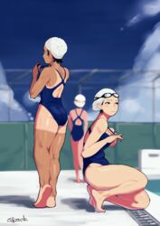  3girls ass back bad_id bad_pixiv_id black_eyes black_hair blue_sky cloud commentary_request competition_swimsuit dark-skinned_female dark_skin day drain_(object) from_side gbmah goggles goggles_on_head highres kneeling multiple_girls one-piece_swimsuit original outdoors poolside sky swim_cap swimsuit tan tanlines unworn_goggles 