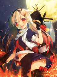  blonde_hair breasts commentary_request female full_moon hair_flaps hair_ornament hair_ribbon hairclip highres kantai_collection long_hair midriff_peek moon namanie navel oerba_yun_fang open_mouth photoshop_(medium) red_eyes ribbon school_uniform serafuku small_breasts solo torpedo yuudachi_(kancolle) yuudachi_kai_ni_(kancolle) 