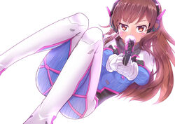  aiming aiming_at_viewer blowing_bubbles brown_eyes brown_hair caibao_return chewing_gum chinese_commentary commentary_request d.va_(overwatch) facial_mark female gloves gun headphones highres holding holding_gun holding_weapon long_hair looking_at_viewer overwatch overwatch_1 photoshop_(medium) pilot_suit simple_background solo weapon whisker_markings white_background 