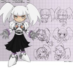  bad_id bad_link call_(mighty_no._9) call_d expressions female highres joints miamelly mighty_no._9 multiple_views purple_eyes robot robot_ears robot_joints skirt smile white_hair 