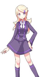  ace_trainer_(pokemon) astrid_(pokemon) bad_id bad_pixiv_id blonde_hair chorefuji female hair_ornament hairclip hand_on_own_hip pokemon pokemon_xy purple_eyes skirt solo 