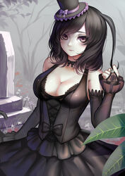  absurdres bare_shoulders black_hair breasts bridal_gauntlets brown_eyes cleavage commentary cowboy_shot english_commentary female gothic_lolita hat highres lolita_fashion medium_breasts original short_hair solo sonikey0_0 