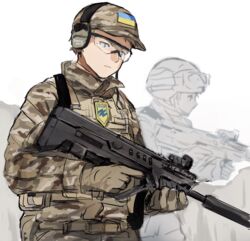  2boys assault_rifle azov_battalion bad_id bad_twitter_id brown_gloves bullpup camouflage coat_of_arms cyrillic emblem expressionless glasses gloves gun hat headphones helmet holding holding_gun holding_weapon iwi_tavor kikurina male_focus military military_uniform multiple_boys original reflex_sight rifle russo-ukrainian_war simple_background translated trigger_discipline ukrainian_flag ukrainian_text uniform upper_body weapon white_background wolfsangel 