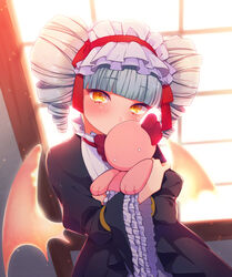  axolotl backlighting bbbannooo blunt_bangs blush commentary_request covered_mouth drill_hair female frilled_sleeves frills gothic_lolita hairband iris_(nanairo_reincarnation) lolita_fashion lolita_hairband looking_at_viewer nanairo_reincarnation photoshop_(medium) short_hair solo stuffed_animal stuffed_axolotl stuffed_toy twin_drills twintails wide_sleeves window wings yellow_eyes 