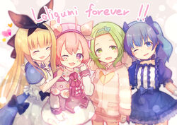  4girls :d ;3 ;d apron bear_hair_ornament black_bow black_hairband black_ribbon blonde_hair blue_bow blue_choker blue_dress blue_eyes blue_hair blue_shirt blue_skirt blunt_bangs blush bow brat_(brabrabrat00) brown_hair center_frills choker closed_eyes collarbone commentary_request crescent dress english_text facial_mark frilled_skirt frills green_eyes green_hair hair_between_eyes hair_ornament hair_ribbon hairband hairbow hat head_tilt holding_hands hood hood_down hoodie long_hair long_sleeves looking_at_viewer maid_apron mononobe_alice mononobe_alice_(1st_costume) morinaka_kazaki morinaka_kazaki_(1st_costume) multiple_girls nijisanji one_eye_closed open_mouth pink_dress pink_hat puffy_short_sleeves puffy_sleeves purple_eyes ribbon shirt short_eyebrows short_hair short_shorts short_sleeves shorts skirt smile star_(symbol) striped_clothes striped_hoodie ushimi_ichigo ushimi_ichigo_(1st_costume) very_long_hair virtual_youtuber white_apron yuuki_chihiro yuuki_chihiro_(1st_costume) 