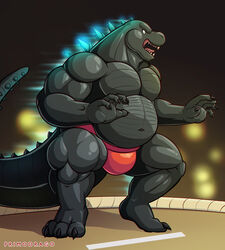  2018 3_toes 5_fingers angry anthro asian_clothing belly bulge claws clothed clothing digital_media_(artwork) dohyo east_asian_clothing feet fighting_pose fighting_ring fingers front_view godzilla godzilla_(series) grey_body grey_scales hi_res japanese_clothing male mawashi musclegut muscular muscular_anthro muscular_male navel open_mouth plantigrade pose primodrago pupils red_clothing scales scalie sharp_teeth slit_pupils solo sumo sumo_ring teeth toes toho topless 