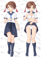  abs ass_visible_through_thighs bed_sheet black_legwear black_skirt blouse blue_neckerchief botan_m bow bow_bra bow_panties bra breasts brown_eyes brown_hair casual cleavage closed_mouth clothes_lift commentary_request crotch_seam dakimakura_(medium) female frilled_bra frills from_above full_body hair_ribbon highres kneehighs legs lifting_own_clothes light_blush light_frown light_smile lips looking_at_viewer lying medium_breasts medium_skirt multiple_views nanase_(street_fighter) neckerchief on_back open_mouth panties partial_commentary pleated_skirt red_ribbon ribbon shirt shirt_lift short_hair short_ponytail short_sleeves skirt skirt_lift socks street_fighter street_fighter_ex_(series) underwear white_bra white_panties white_shirt 