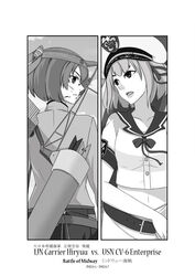  2girls belt borrowed_character commentary_request enterprise_(pacific) greyscale hat headband highres hiryuu_(kancolle) japanese_clothes kantai_collection midriff minazukisekai monochrome multiple_girls muneate one_side_up original pacific_(kancolle) personification photoshop_(medium) remodel_(kantai_collection) short_hair side_ponytail skirt united_states uss_enterprise_(cv-6) 