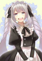  :d apron blue_eyes blush commentary_request fate/grand_order fate_(series) female grey_hair hat highres long_hair looking_at_viewer maid maid_apron maid_headdress marie_antoinette_(animejapan_2016)_(fate) marie_antoinette_(fate) official_alternate_costume open_mouth shiime smile solo 