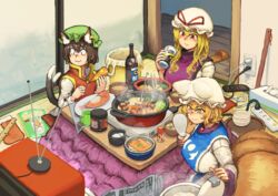  3girls :3 absurdres aburaage alcohol animal_ear_piercing animal_ears beer beer_can blonde_hair blush bottle bowl breasts brown_hair can carrot cat_ears cat_tail chanta_(ayatakaoisii) chen chopsticks closed_mouth cooking cup drink_can electric_plug electrical_outlet fish food food_request fox_ears fox_tail from_above futon green_hat hat highres holding inarizushi jewelry kitsune_udon large_breasts long_hair long_sleeves meatball mob_cap mug multiple_girls multiple_tails mushroom nabe nekomata newspaper noodles party_popper plate power_strip red_eyes red_vest rice rice_cooker rice_paddy ruler sanpaku seaweed shirt short_hair sitting slit_pupils smile strong_zero sushi tabard tail television tissue tissue_box touhou two_tails udon vest white_hat white_shirt yakumo_ran yakumo_yukari 