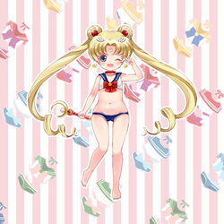  bare_legs barefoot bishoujo_senshi_sailor_moon bishoujo_senshi_sailor_moon_(first_season) blonde_hair blue_eyes blue_panties blue_sailor_collar bow bra choker commentary_request crescent crescent_facial_mark double_bun earrings facial_mark female forehead_mark full_body groin hair_bun hair_ornament hairpin jewelry long_hair maboroshi_no_ginzuishou magical_girl midriff moon_stick_(sailor_moon) navel okran one_eye_closed panties red_bow red_choker sailor_collar sailor_moon sailor_moon_narikiri_bra_set sailor_senshi_uniform smile solo striped striped_background tsukino_usagi twintails underwear underwear_only vertical_stripes 