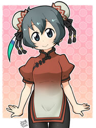  adapted_costume arms_at_sides black_hair black_pantyhose blue_eyes bun_cover china_dress chinese_clothes commentary_request cowboy_shot dated double_bun dress feather_hair_ornament feathers female gradient_dress hair_between_eyes hair_bun hair_ornament hakkatou head_tilt kaban_(kemono_friends) kemono_friends looking_at_viewer pantyhose puffy_short_sleeves puffy_sleeves red_dress short_dress short_hair short_sleeves side_slit smile solo thigh_gap white_dress 