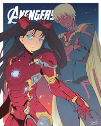  1boy armor avengers:_age_of_ultron avengers_(series) bianyuanqishi blue_eyes chinese_commentary commentary_request cosplay facial_mark fate/stay_night fate_(series) female gilgamesh_(fate) highres iron_man iron_man_(cosplay) long_hair marvel marvel_cinematic_universe parody power_armor tohsaka_rin two_side_up vision_(marvel) vision_(marvel)_(cosplay) 