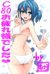  :d ass bikini blue_eyes blue_hair blush breasts butt_crack female happy heart highres looking_back narumi_karen open_mouth original short_hair short_twintails sideboob smile solo sukesan swimsuit twintails underboob v 