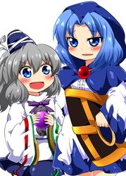  2girls :d bad_id bad_pixiv_id blue_eyes blue_hair blush grey_hair hat highres hood jewelry kumoi_ichirin mononobe_no_futo motsu_(selshia12) multiple_girls occult_ball open_mouth ring smile tate_eboshi touhou v-shaped_eyebrows white_background wide_sleeves 