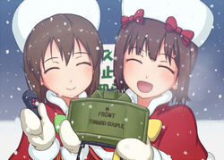  2girls amami_haruka blush brown_hair capelet christmas_is_cancelled claymore_(mine) closed_eyes commentary_request controller explosive hagiwara_yukiho hair_ribbon hat idolmaster idolmaster_(classic) mine_(weapon) mittens multiple_girls open_mouth puton radio_controller remote_control ribbon short_hair smile snow 