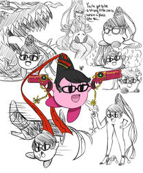  absurdres bayonetta bayonetta_(cosplay) bayonetta_(series) beehive_hairdo bespectacled collage commentary cosplay dual_wielding female glasses gomorrah_(bayonetta) gun hair_ribbon handgun highres holding kirby kirby_(series) kitsune23star long_legs pose ribbon scarborough_fair_(bayonetta) super_smash_bros. weapon what 