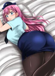  adahcm ass bed black_necktie black_pantyhose blue_eyes blue_hat blue_shirt blue_skirt blush bokutachi_wa_benkyou_ga_dekinai braid breasts commentary_request feet_up female female_service_cap french_braid hat highres jpeg_artifacts kirisu_mafuyu large_breasts long_hair looking_at_viewer looking_back lying miniskirt necktie on_stomach pantyhose pencil_skirt photoshop_(medium) pillow pink_hair police police_hat police_uniform policewoman shirt shirt_tucked_in short_sleeves skirt solo tented_shirt thighs twin_braids uniform wide-eyed 