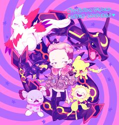  1boy bigbang bird blonde_hair boots dragon earrings electricity flower fur_trim g-dragon jacket jewelry male_focus murkrow patch pikachu poke_ball pokemon rayquaza shiny_pokemon simple_background snubbull striped_background sunflora sunflower zangoose 