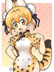  :d adapted_costume animal_ears blonde_hair bun_cover china_dress chinese_clothes commentary_request cowboy_shot dated double_bun dress extra_ears female hair_between_eyes hair_bun hakkatou hand_on_own_hip kemono_friends looking_at_viewer open_mouth paw_pose print_dress puffy_short_sleeves puffy_sleeves serval_(kemono_friends) serval_print short_hair short_sleeves side_slit smile solo tail yellow_eyes 