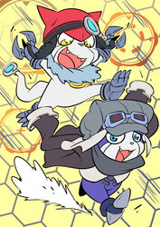  2018 anthro appmon_(species) bandai_namco clothing cybernetics digimon digimon_(species) duo fur gatchmon hat headgear headwear machine male mammal offmon open_mouth oversized_clothing rafchan running smile teeth 