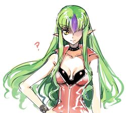  ? breasts c.c. cleavage code_geass collar collarbone commentary_request cosplay creayus female green_hair hair_over_one_eye hand_on_own_hip long_hair looking_at_viewer medium_breasts misery_(outer_zone) misery_(outer_zone)_(cosplay) multicolored_hair outer_zone pointy_ears purple_hair simple_background sleeveless smile solo two-tone_hair white_background yellow_eyes 