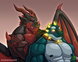  2018 anthro black_body black_scales blush brown_background collar dragon duo ear_piercing eyebrow_piercing facial_piercing front_view green_body green_scales hair hekar hi_res horn kingtm looking_back male markings membrane_(anatomy) membranous_wings muscular muscular_male mythological_creature mythological_scalie mythology nipples nose_piercing nude piercing primodrago red_body red_eyes red_hair red_markings red_scales scales scalie simple_background spiked_collar spikes standing story story_at_source story_in_description wings yellow_eyes 