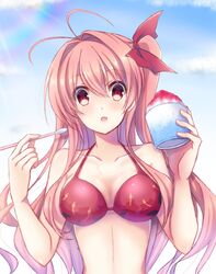  absurdres antenna_hair bikini bow breasts chaos;head cleavage collarbone commentary_request cup drinking_straw female floating_hair food hair_between_eyes hairbow hands_up highres holding holding_cup holding_drinking_straw holding_food long_hair looking_at_viewer medium_breasts nishijou_myu one_side_up pink_hair red_bikini red_bow red_eyes sakihata_rimi shaved_ice solo spoon_straw sunlight swimsuit upper_body very_long_hair 