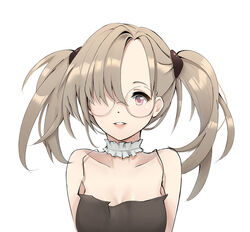  arms_at_sides asymmetrical_hair bad_id bad_pixiv_id bare_arms bare_shoulders breasts camisole cleavage collar collarbone commentary cuna_(qunya) dot_nose female forehead frilled_collar frills girls&#039;_frontline glasses grey_camisole grey_hair grin hair_intakes hair_over_one_eye highres hk21_(girls&#039;_frontline) lips long_hair looking_at_viewer open_mouth parted_bangs parted_lips photoshop_(medium) pink_eyes raised_eyebrows round_eyewear shirt simple_background sleeveless sleeveless_shirt small_breasts smile solo spaghetti_strap strap_gap teeth twintails upper_body white_background 