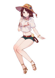  atelier_(series) atelier_sophie bangle belt bikini bikini_under_clothes blue_flower blue_rose blush bracelet breasts brown_eyes brown_hair cleavage commentary crop_top cropped_shirt dolphin_pendant female flower full_body hair_flower hair_ornament hand_up hat high_heels jewelry knee_blush knees_together_feet_apart medium_breasts midriff navel necklace pendant red_bikini rose ryuuno6 see-through shirt short_hair short_shorts short_sleeves shorts simple_background sitting solo sophie_neuenmuller stomach strappy_heels sun_hat swimsuit symbol-only_commentary underwear wet wet_clothes wet_shirt white_background white_shirt 