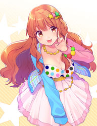  :3 bbbannooo breasts brown_eyes brown_hair cleavage commentary_request female hair_ornament idolmaster idolmaster_cinderella_girls long_hair looking_at_viewer medium_breasts moroboshi_kirari nail_polish photoshop_(medium) polka_dot skirt smile solo star_(symbol) 