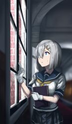  aoi_tiduru blue_eyes blue_sailor_collar commentary_request female gloves grey_hair grey_skirt hair_ornament hair_over_one_eye hairclip hamakaze_(kancolle) highres holding indoors kantai_collection neckerchief pleated_skirt sailor_collar school_uniform serafuku short_hair short_sleeves skirt solo white_gloves window yellow_neckerchief 