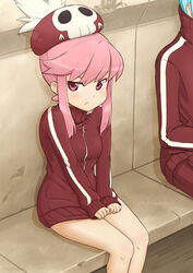  :t blue_hair blush commentary_request covering_crotch covering_privates female futaba_no_taiko hat inumuta_houka jacket jakuzure_nonon kill_la_kill looking_at_viewer pink_eyes pink_hair pout short_hair sidelocks sitting track_jacket track_suit v_arms 