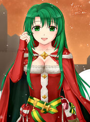  :d bad_id bad_pixiv_id belt bow breasts cape cecilia_(fire_emblem) cecilia_(winter)_(fire_emblem) christmas cleavage collarbone commentary_request detached_sleeves dress english_text female fire_emblem fire_emblem:_the_binding_blade fire_emblem_heroes fur_trim green_eyes green_hair hand_in_own_hair long_hair long_sleeves medium_breasts merry_christmas open_mouth outdoors pazuzu438 ribbon santa_costume smile snowing solo star_(symbol) strapless strapless_dress twilight upper_body 