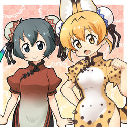  2girls :d adapted_costume animal_ears arms_at_sides black_hair black_pantyhose blonde_hair blue_eyes bun_cover china_dress chinese_clothes commentary_request cowboy_shot dated double_bun dress extra_ears feather_hair_ornament feathers gradient_dress hair_between_eyes hair_bun hair_ornament hakkatou hand_on_own_hip head_tilt kaban_(kemono_friends) kemono_friends looking_at_viewer multiple_girls open_mouth pantyhose paw_pose print_dress puffy_short_sleeves puffy_sleeves red_dress serval_(kemono_friends) serval_print short_dress short_hair short_sleeves side_slit smile tail thigh_gap white_dress yellow_eyes 