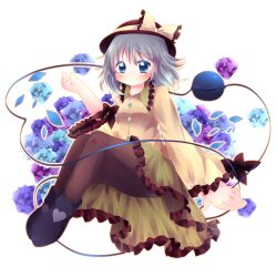  abandon_ranka bad_id bad_pixiv_id blue_eyes boots bow dress female flower frills full_body grey_hair hat komeiji_koishi pantyhose petals rose smile solo touhou white_background 