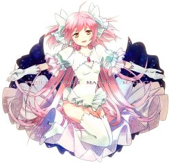  bad_id bad_pixiv_id boots female gloves hair_ribbon highres kaname_madoka long_hair magical_girl mahou_shoujo_madoka_magica mahou_shoujo_madoka_magica_(anime) outstretched_arms pink_hair ribbon smile solo spread_arms thigh_boots thighhighs two_side_up ultimate_madoka umishima_senbon white_thighhighs yellow_eyes 