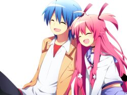  1boy ^_^ angel_beats! blue_hair closed_eyes commentary_request couple female hair_ribbon happy hinata_hideki long_hair photoshop_(medium) pink_hair ribbon school_uniform serafuku shinda_sekai_sensen_uniform short_hair soranagi straight two_side_up yui_(angel_beats!) 